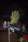 Der Baum hat bereits Schräglage und muss ebenfalls gefällt werden. Aus dem Drehleiterkorb der Berliner Feuerwehr sägt die THW-Einsatzkraft die Baumspitze ab. Quelle: Anja Villwock